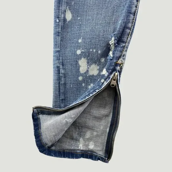 MNML Splash Stretch Denim Jeans Blue Paint Splatter Distressed Ankle Zip 33 - Picture 7 of 8